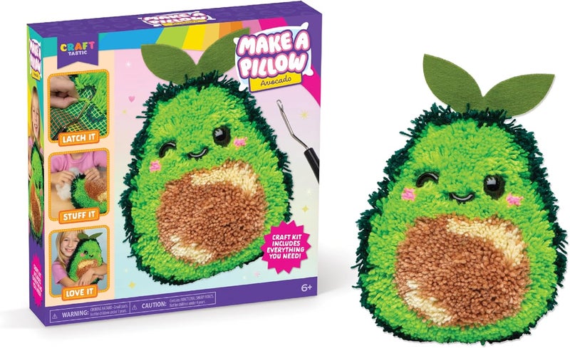 LatchKits Avocado Pillow - Latch Hook Kits for Kids, Arts and Crafts, Yarn Art, Kids Crafts, Toys for Girls, Birthday Gift for Girls, Easy to Follow Pattern, Hook Included, Craft Kits, Ages 6+ - Image 1